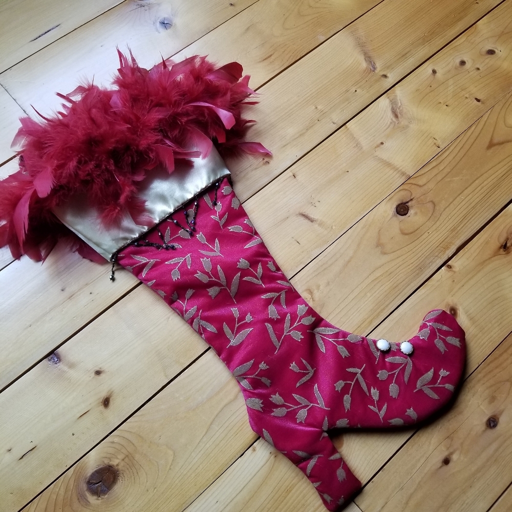 Christmas Stocking High Heel Boot Feathers Bead Tassle 23" Maximalist Diva Red